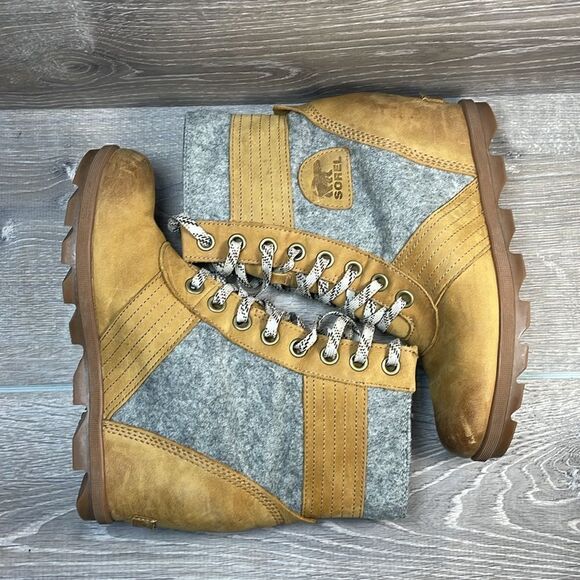 Sorel Lexie Wedge Tan Leather Gray Felt Women’s Sz 10 Lace Up Hidden Wedge Boots - Picture 10 of 11